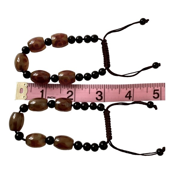 Unisex Adjustable Cord Bracelets Pair Black Cord And Heavy Brown And Black Beads - Picture 5 of 5